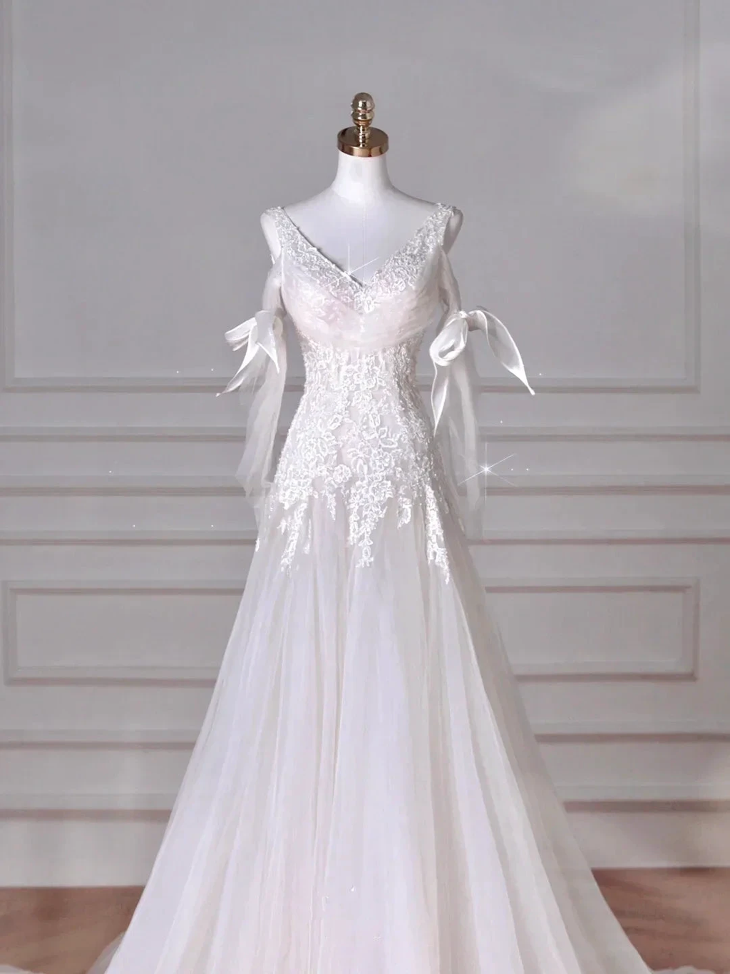 Fairy White V Neck Tulle Lace Appliques Mermaid Evening Dress,Long Wedding Dress Y8636
