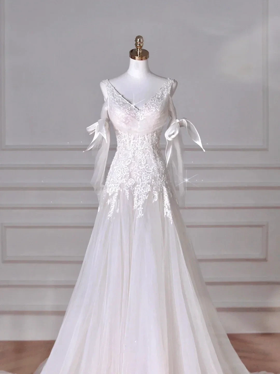 Fairy White V Neck Tulle Lace Appliques Mermaid Evening Dress,Long Wedding Dress Y8636