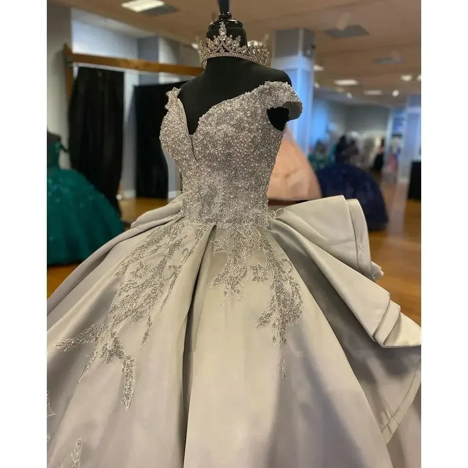 Luxurious Off The Shoulder Silver Quinceanera Dress,Silver Ball Gown Y1157