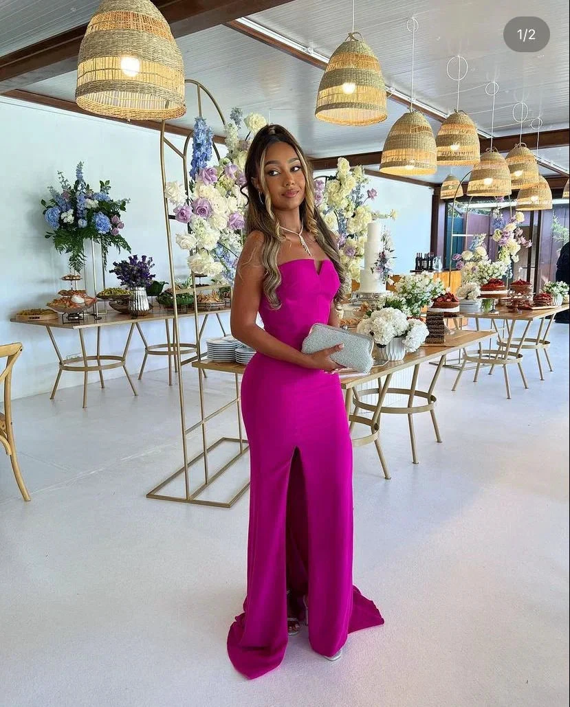 Elegant Fuchsia Strapless Sheath Evening Dress With Split Y5252