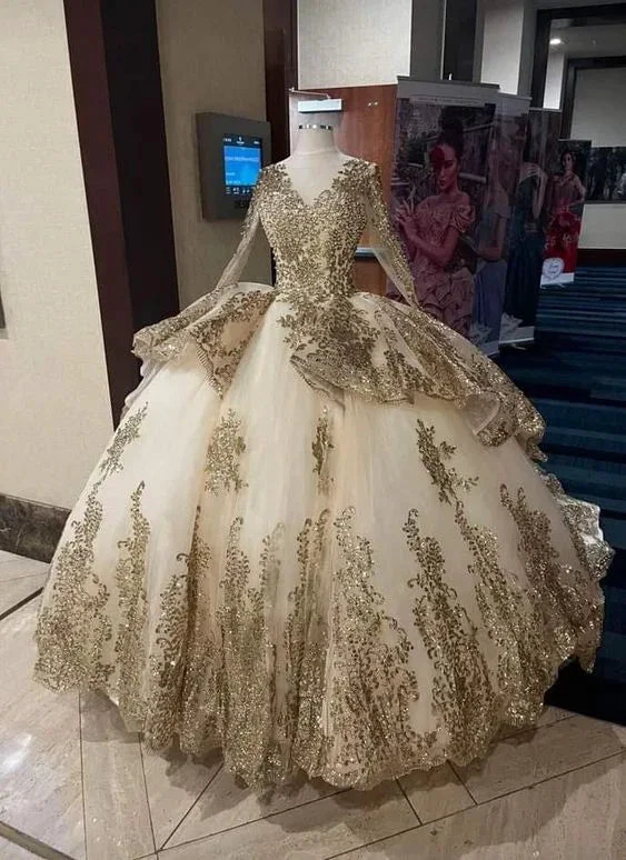 Luxurious Glitter Long Sleeve Dresses Romantic Appliqued Tulle Ball Gowns Y443