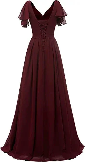 Leaf Sleeve Bridesmaid Dress V Neck Chiffon Long Formal Wedding Evening Dress Y1206
