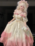Roses Flowers Masquerade Prom Dress Champagne Pink Gradient Floral Wedding Dress Vintage Princess Dress with Pearls Y2401