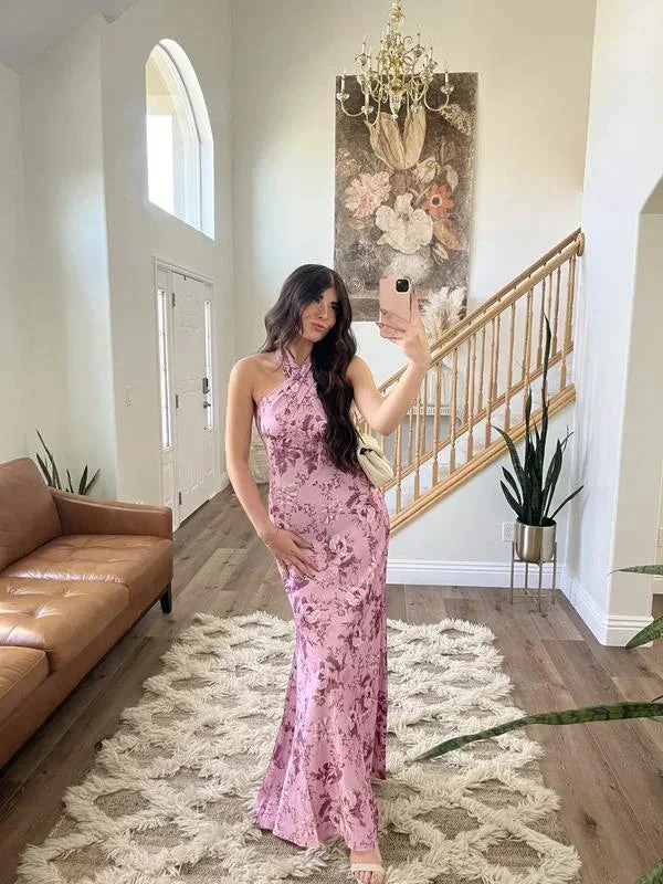 Elegant Halter Pink Satin Print Long Prom Dress Evening Dress Y8454