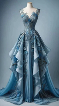 Classy Blue Chiffon Appliques Ruffles Long Prom Dress Evening Dress Y8385