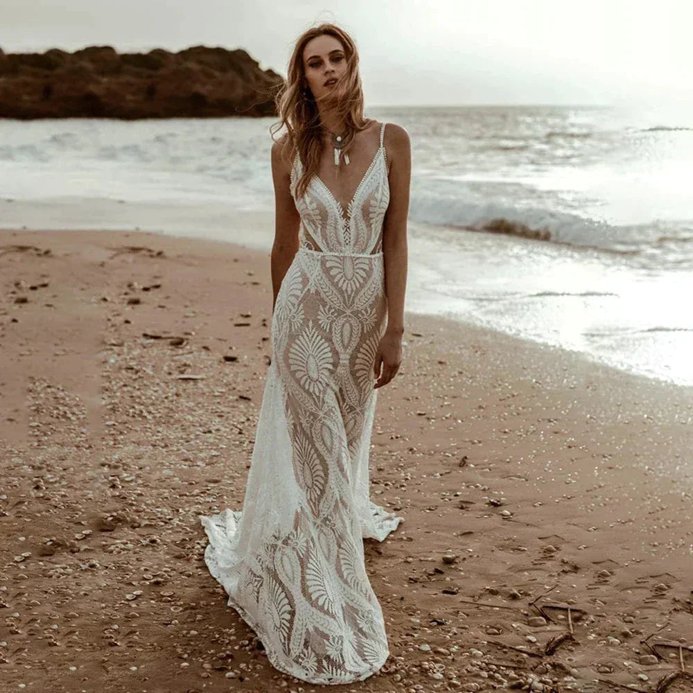 Sexy Lace V Neck Beach Mermaid Wedding Dresses 2023 Spaghetti Straps Sleeveless Bridal Dresses Backless Vestidos De Novia