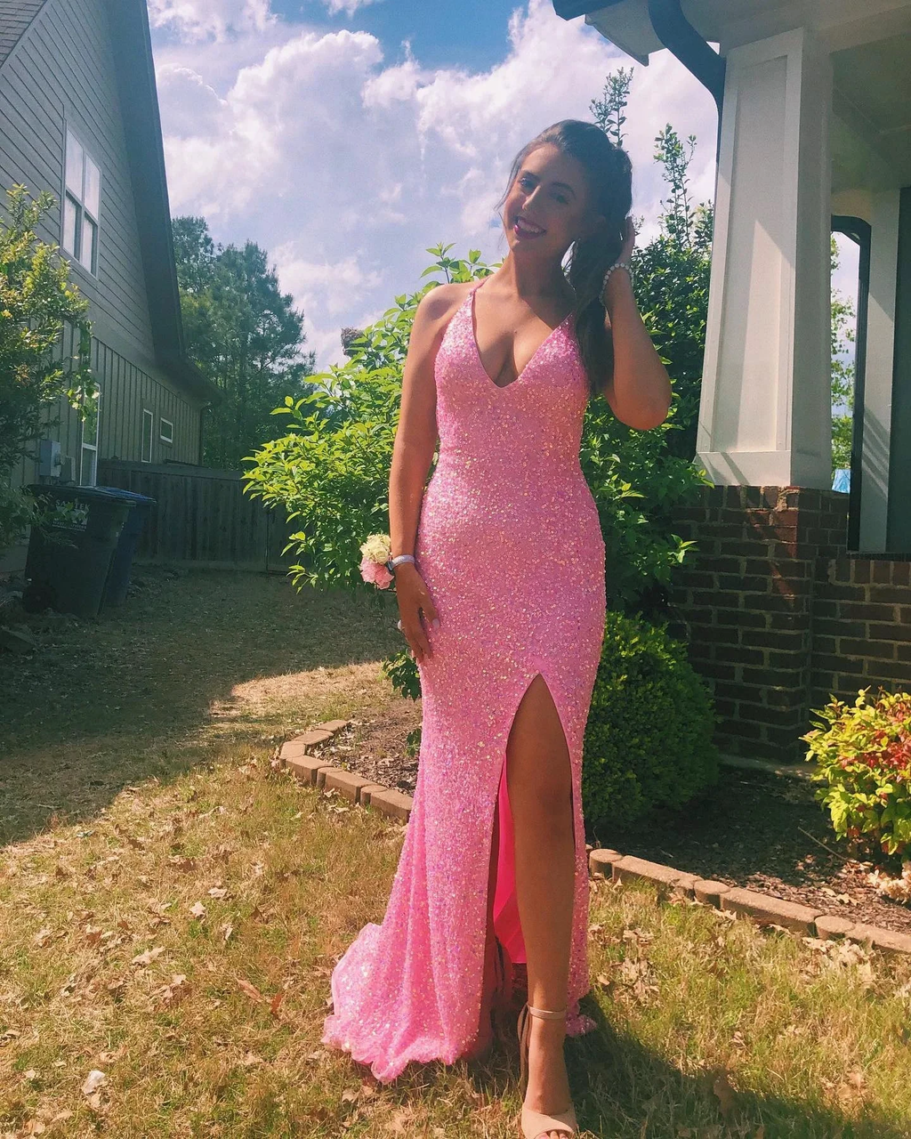 Pink Halter Neckline Sequins Prom Dress Sexy Evening Dress Side Slit Y268