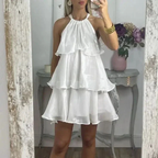 Simple Blue Organza Halter Layered Mini Prom Dress Homecoming Dress Y8089