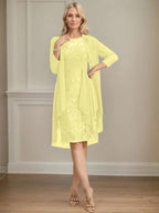 Sheath/Column Scoop Illusion Knee-Length Lace Chiffon Mother of the Bride Dress With Cascading Ruffles Sequins