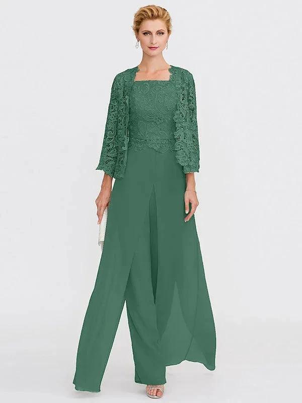 3 Piece Chiffon Square Neck Mother of the Bride Pantsuits with Jacket