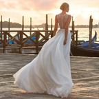 Deep V Neck Chiffon Beach Wedding Dress Elegant Illusion Back Lace Bridal Gowns White Evening Gowns Vestidos De Novia