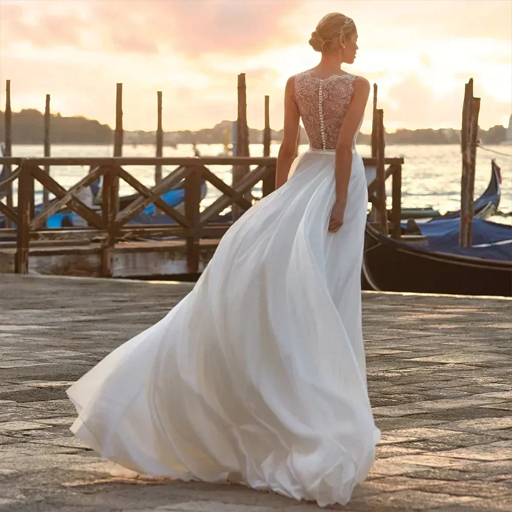 Deep V Neck Chiffon Beach Wedding Dress Elegant Illusion Back Lace Bridal Gowns White Evening Gowns Vestidos De Novia