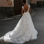 Deep V-neck Wedding Dresses Sexy Open Back Vestidos De Novia Cap Sleeve Appliques Vestido De Noiva