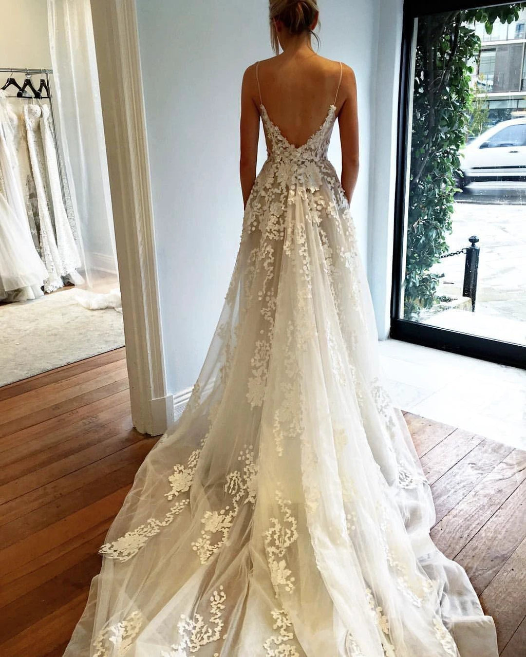 Deep V Neck Spaghetti Straps Beach Wedding Dress Bridal Gown  WD556