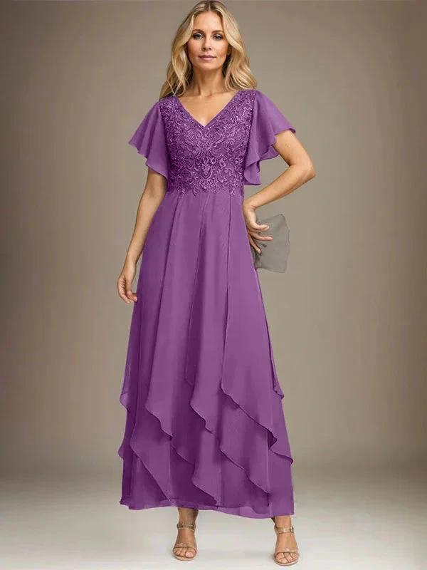 A-line V-Neck Ankle-Length Lace Chiffon Mother of the Bride Dress With Cascading Ruffles