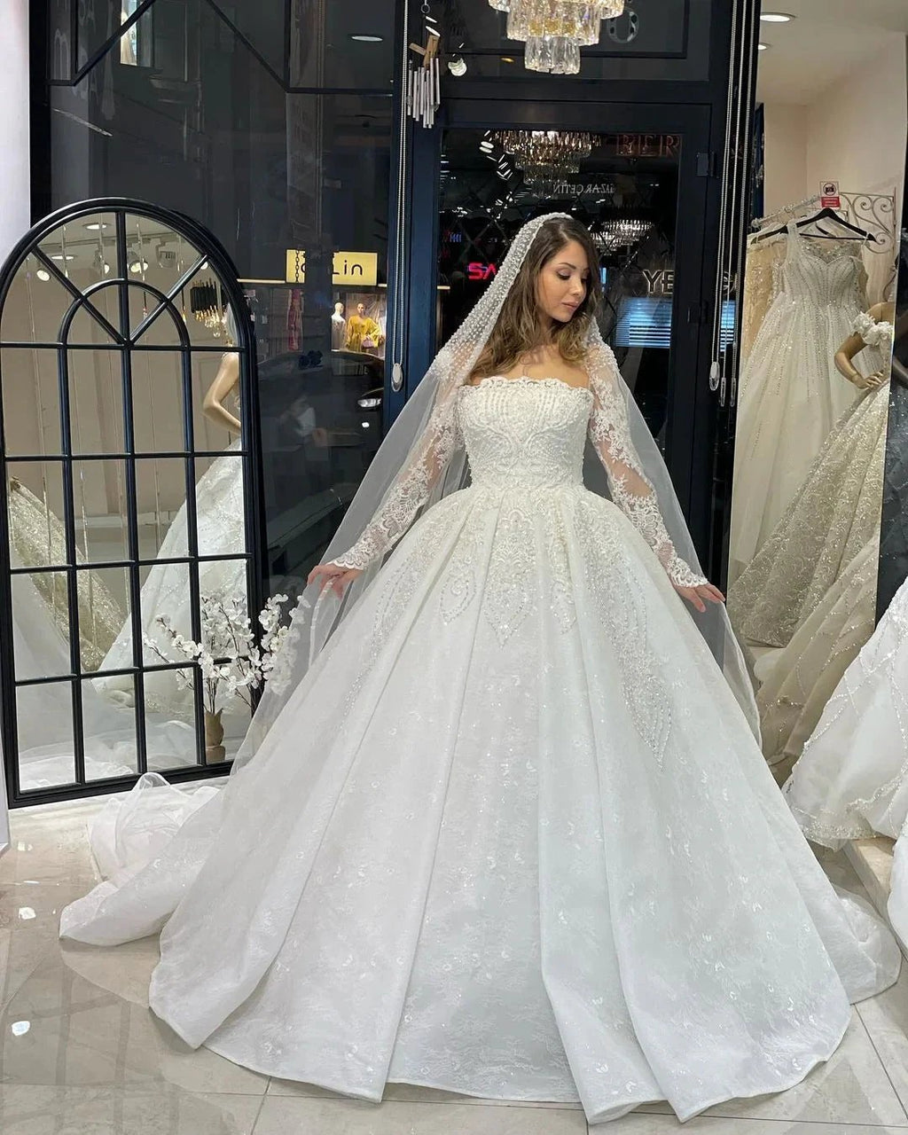 Deluxe Floor Length Long Sleeves A-Line Lace Wedding Dress with Ruffles