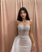 Designer Column Sweetheart Sleeveless Beading Tulle Satin Wedding Dress