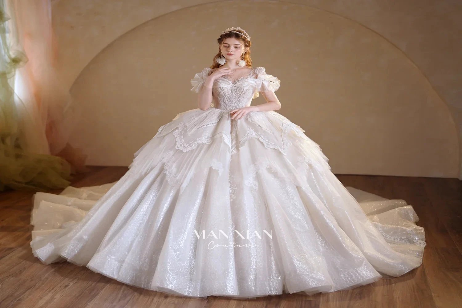 Luminous Ivory Sweetheart Glitter Tulle Ball Gown with Ruffled Sleeves, Pearl Embroidery & Lace Train M013