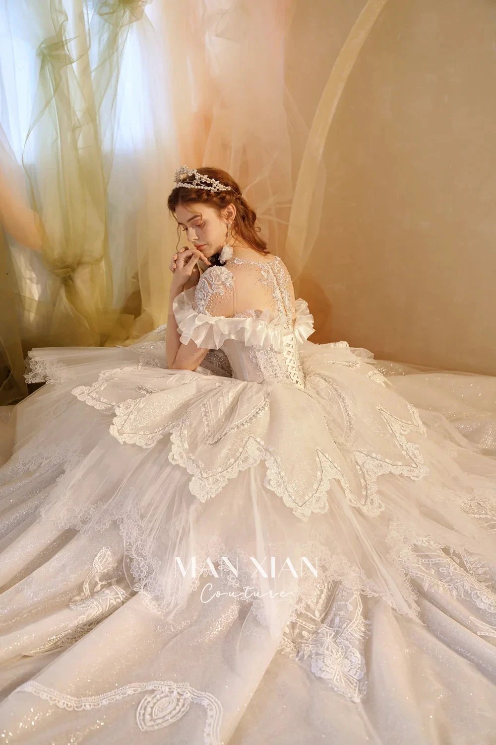 Luminous Ivory Sweetheart Glitter Tulle Ball Gown with Ruffled Sleeves, Pearl Embroidery & Lace Train M013