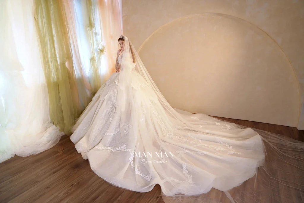 Luminous Ivory Sweetheart Glitter Tulle Ball Gown with Ruffled Sleeves, Pearl Embroidery & Lace Train M013