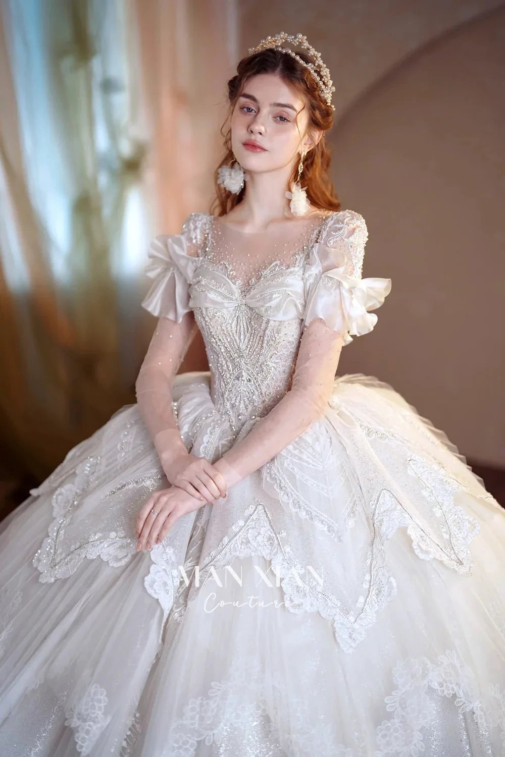 Luminous Ivory Sweetheart Glitter Tulle Ball Gown with Ruffled Sleeves, Pearl Embroidery & Lace Train M013