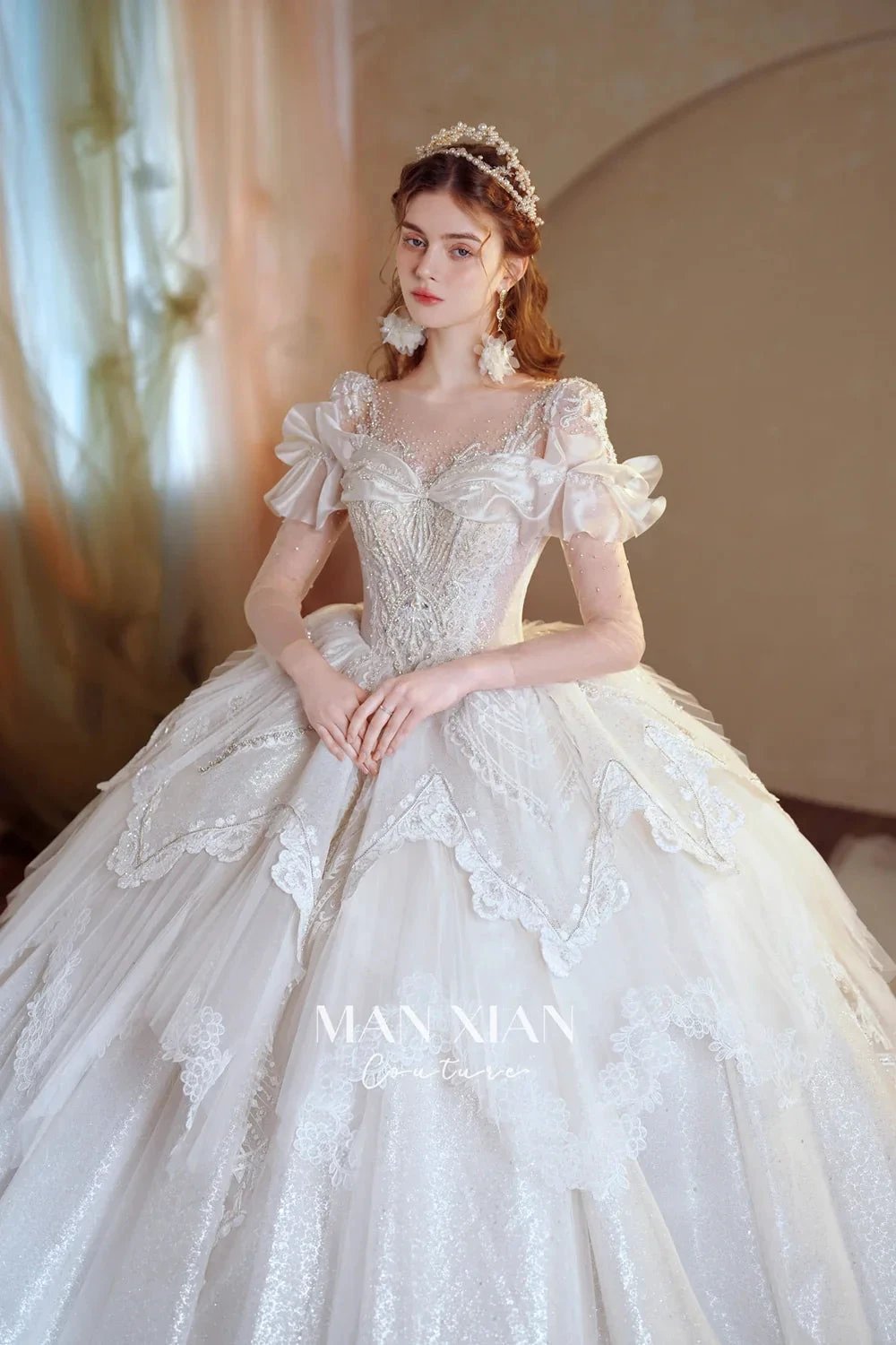 Luminous Ivory Sweetheart Glitter Tulle Ball Gown with Ruffled Sleeves, Pearl Embroidery & Lace Train M013