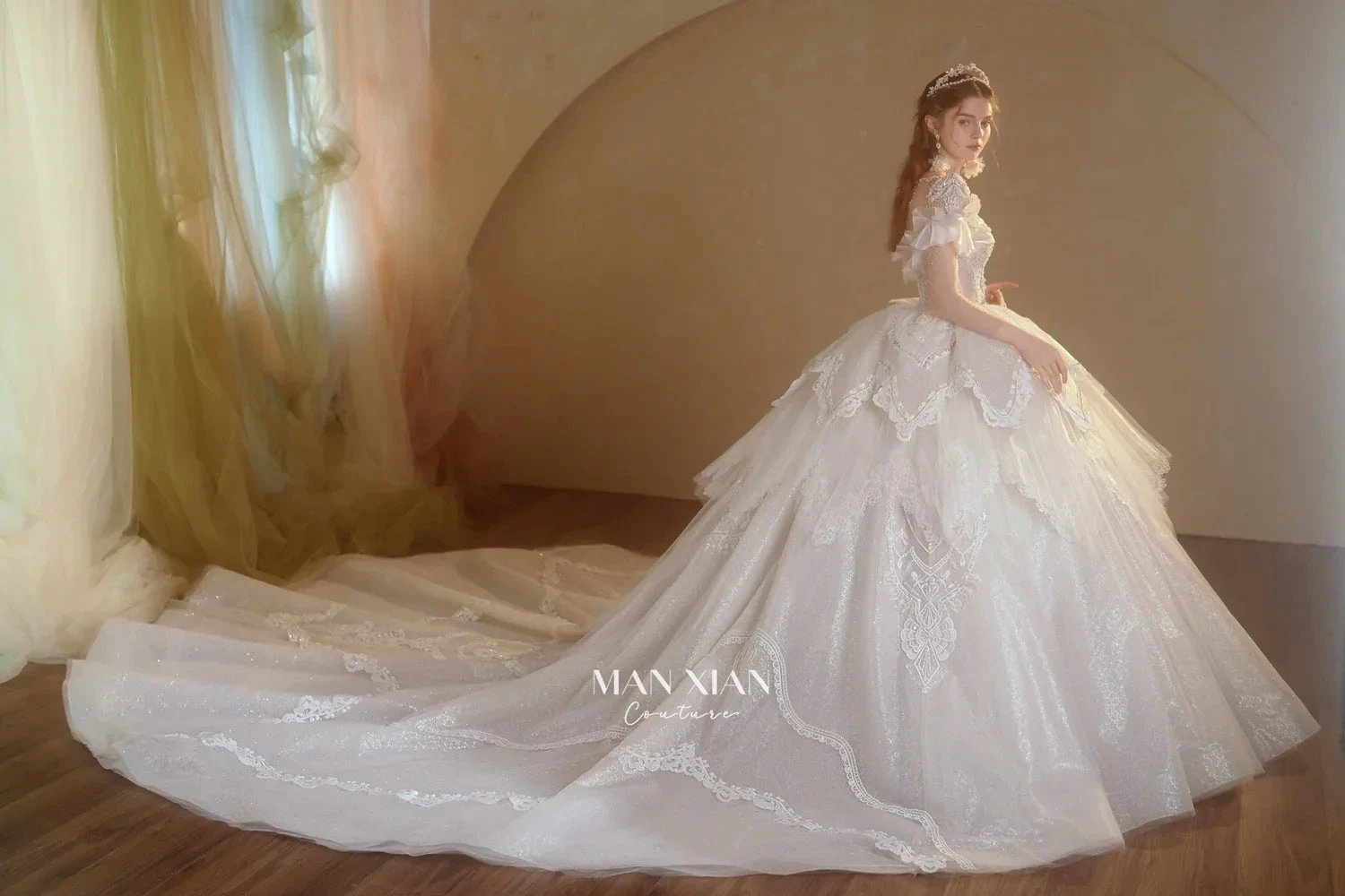 Luminous Ivory Sweetheart Glitter Tulle Ball Gown with Ruffled Sleeves, Pearl Embroidery & Lace Train M013