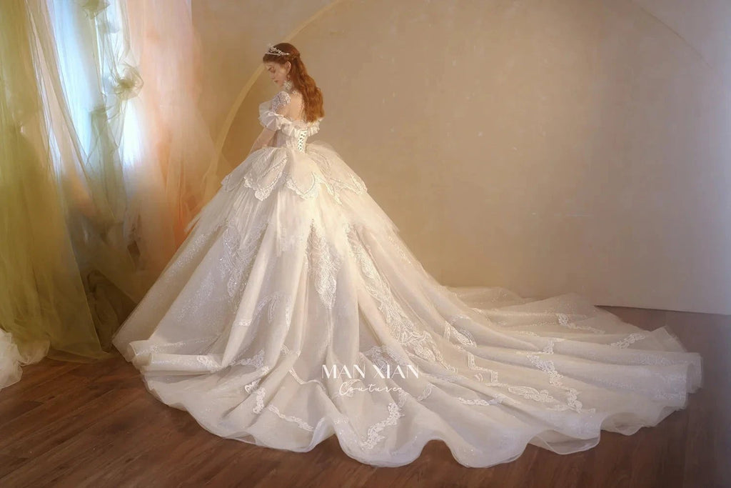 Luminous Ivory Sweetheart Glitter Tulle Ball Gown with Ruffled Sleeves, Pearl Embroidery & Lace Train M013