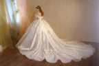Luminous Ivory Sweetheart Glitter Tulle Ball Gown with Ruffled Sleeves, Pearl Embroidery & Lace Train M013