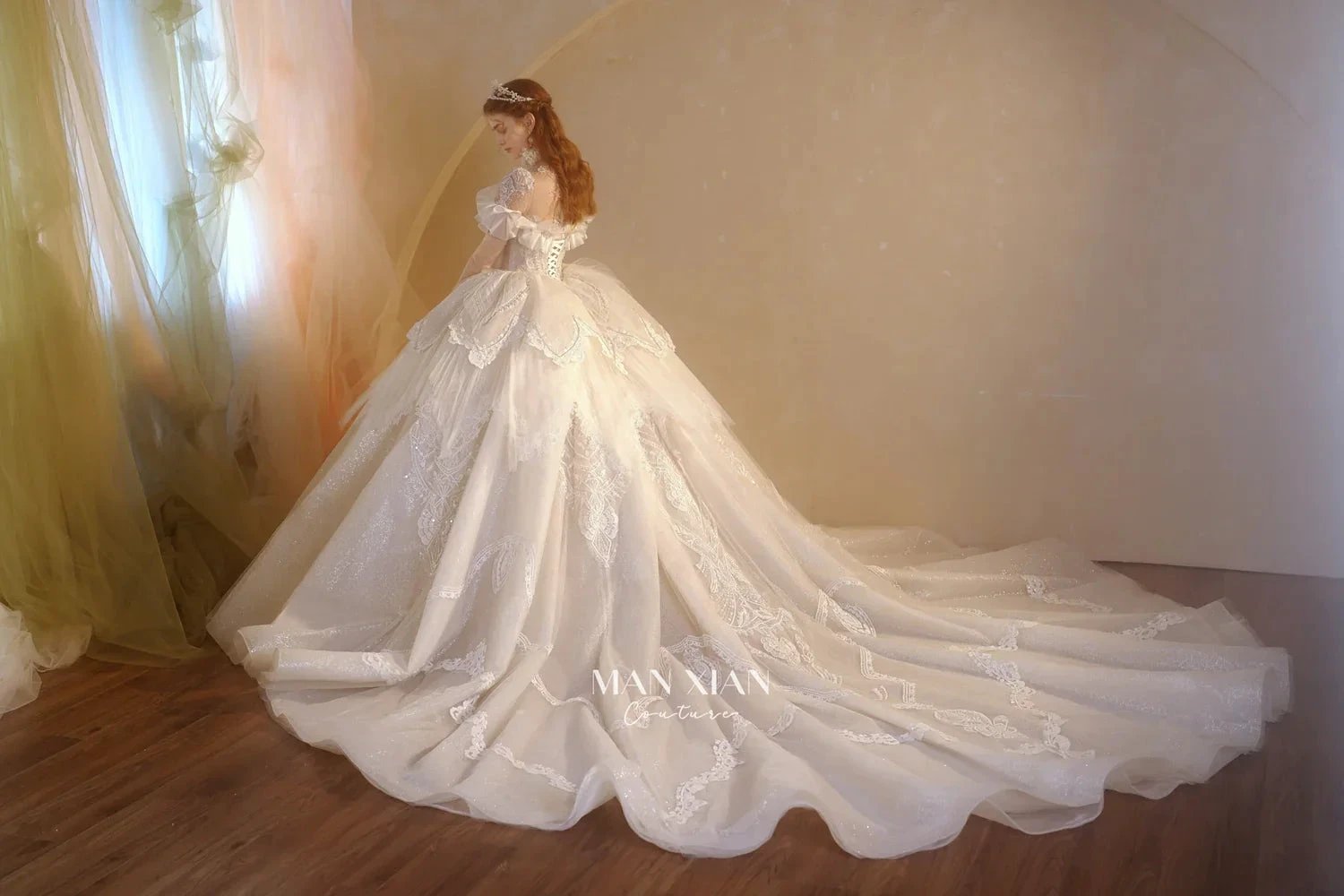 Luminous Ivory Sweetheart Glitter Tulle Ball Gown with Ruffled Sleeves, Pearl Embroidery & Lace Train M013
