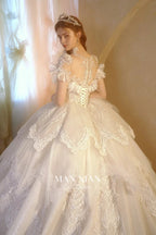 Luminous Ivory Sweetheart Glitter Tulle Ball Gown with Ruffled Sleeves, Pearl Embroidery & Lace Train M013