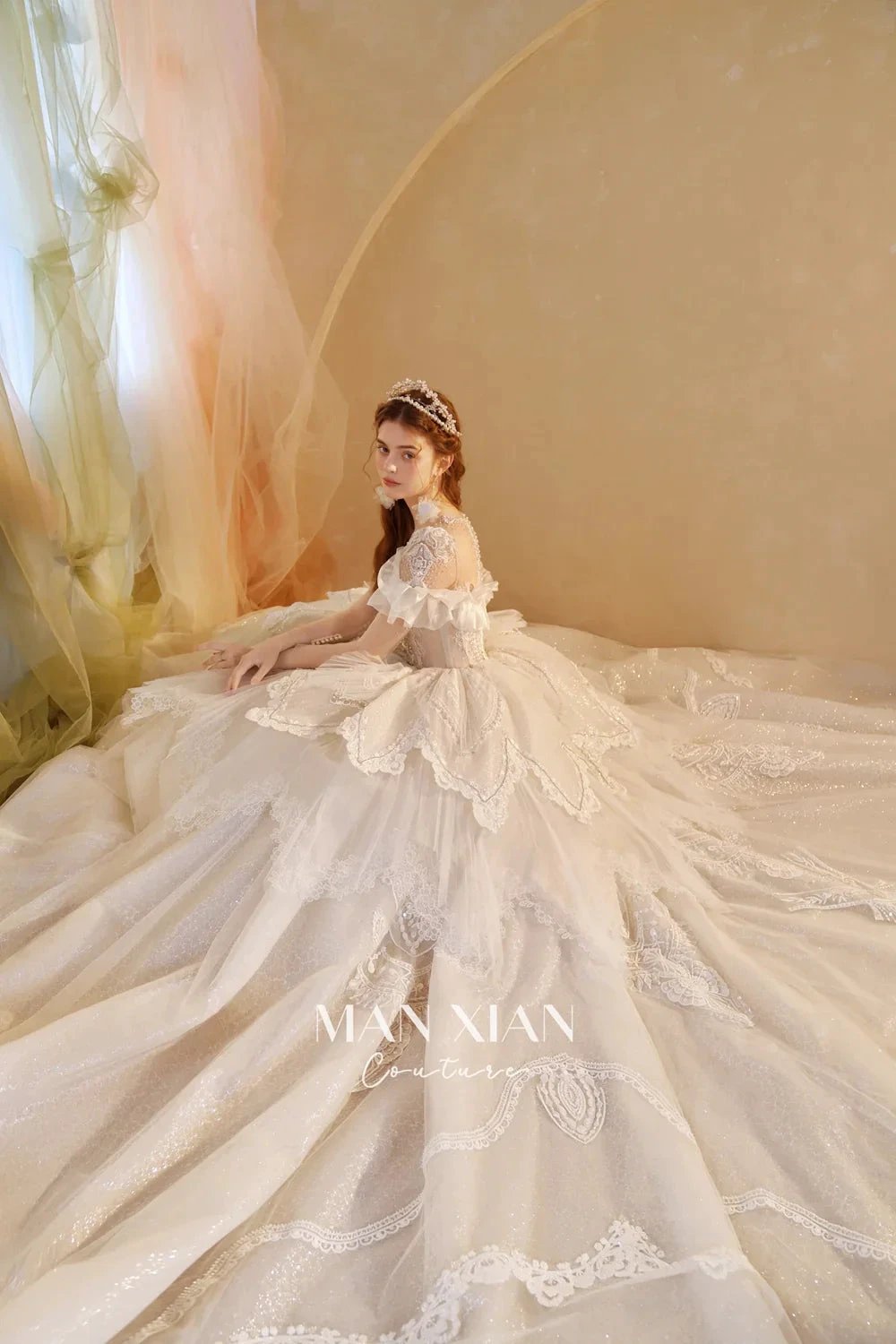 Luminous Ivory Sweetheart Glitter Tulle Ball Gown with Ruffled Sleeves, Pearl Embroidery & Lace Train M013