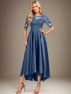 A-line Scoop Illusion Asymmetrical Stretch Satin Lace Mother of the Bride Dress With Sequins