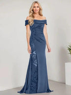 A-Line Off the Shoulder Floor-Length Mother of the Bride Dress Applique Beadings Mermaid Dress With  High Split