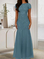 Dark Navy Mermaid Scoop Sequins Tulle Dress