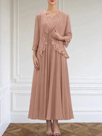 A-line V-Neck Ankle-Length Chiffon Mother of the Bride Dress With Sequins Appliques Lace Beading