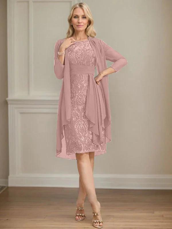 Sheath/Column Scoop Illusion Knee-Length Lace Chiffon Mother of the Bride Dress With Cascading Ruffles Sequins
