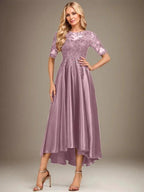 A-line Scoop Illusion Asymmetrical Stretch Satin Lace Mother of the Bride Dress With Sequins