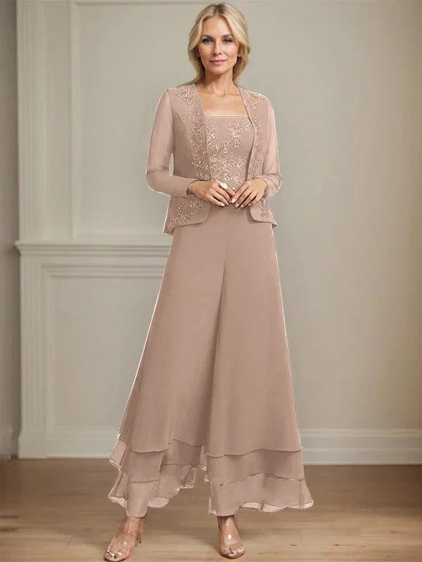Separates Jumpsuit/Pantsuit Square Ankle-Length Lace Chiffon Mother of the Bride Dress With Sequins