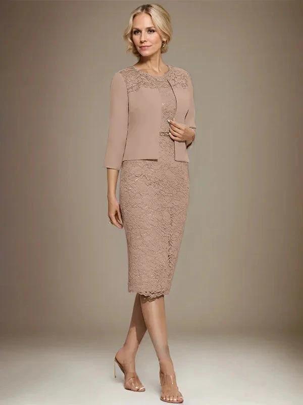 Sheath/Column Scoop Knee-Length Chiffon Lace Mother of the Bride Dress With Beading