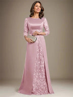 A-Line Scoop Floor-Length Lace Satin Mother Of the Bride Dress With Applique