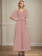 A-line V-Neck Ankle-Length Chiffon Mother of the Bride Dress With Pleated Beading Sequins