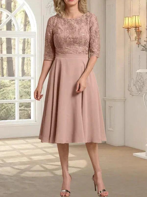 A-line Scoop Knee-Length Lace Chiffon Mother of the Bride Dress