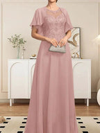 A-line Scoop Illusion Floor-Length Lace Chiffon Mother of the Bride Dress With Sequins