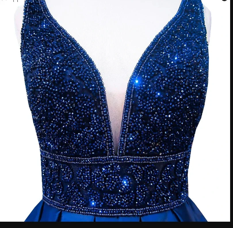 Women's Long Evening Dress Navy Blue V-Neck Sleeveless Open Back Beaded Formal Evening Dress Y1193