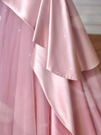 Elegant Feathers Neck Strapless Tulle Satin Ball Gown Pink A Line Prom Evening Dress Y8629