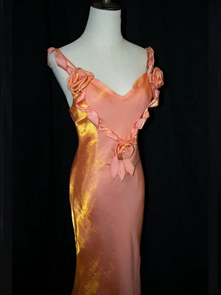 Charming Satin Flowers Long Mermaid Evening Dress Formal Prom Dress Y8219