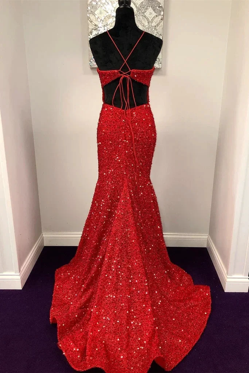 Backless Mermaid Burgundy Sequins Long Prom Dress, Mermaid Burgundy Formal Dress, Burgundy Evening Dress Y350