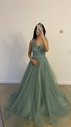 Modest A-line V Neck Tulle Evening Dress Graduation Dress Y4899
