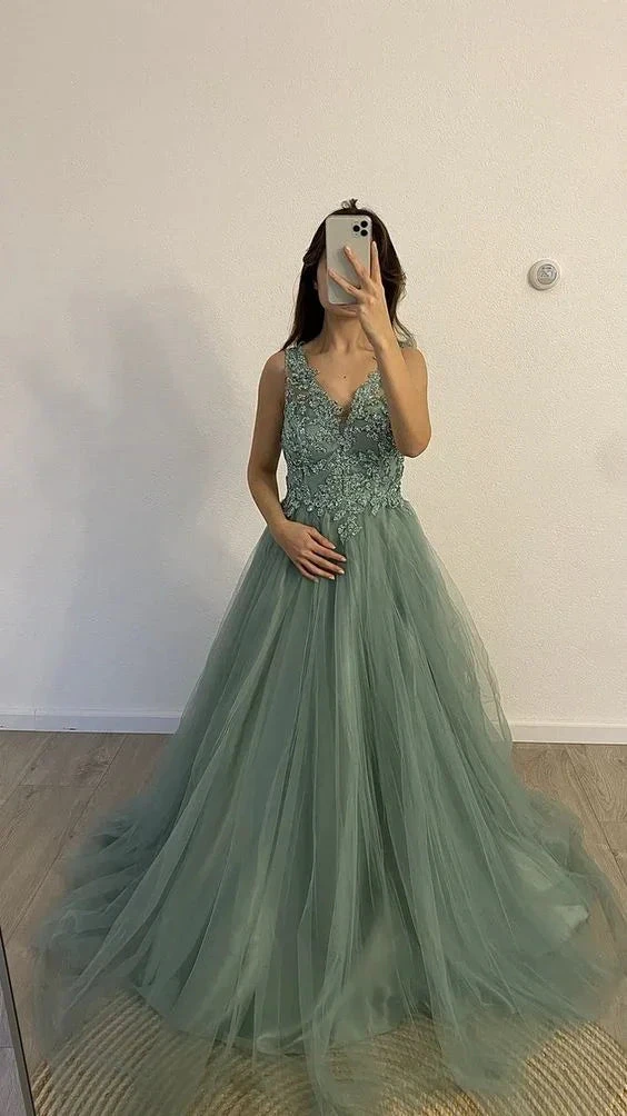 Modest A-line V Neck Tulle Evening Dress Graduation Dress Y4899